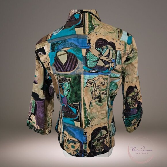 Kaktus Abstract Art Print Button Jacket – Picasso Style Faces – Multicolor - Picture 2 of 9